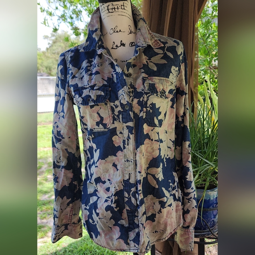 Seven 7 Floral Soft Denim Button Down Shirt